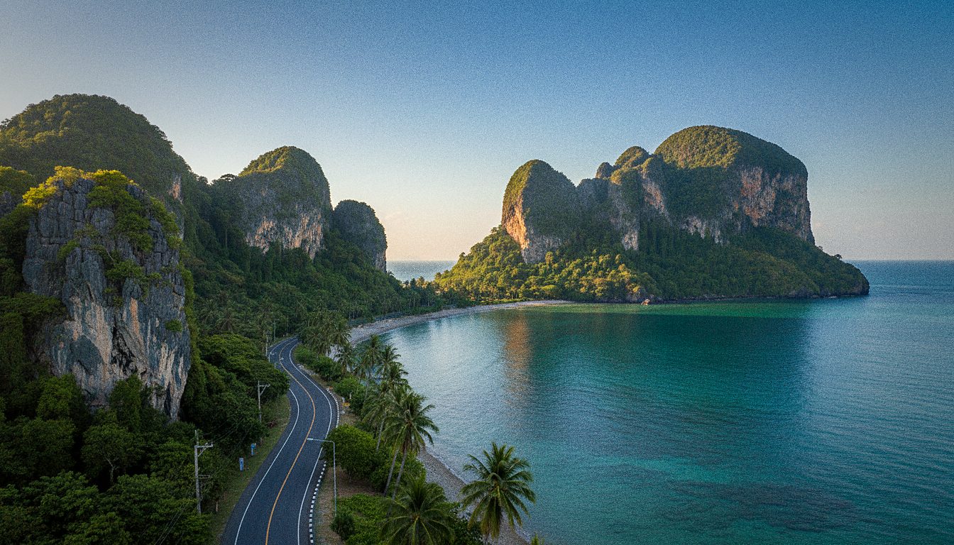 Coastal road near Ao Nang with Krabi limestone cliffs