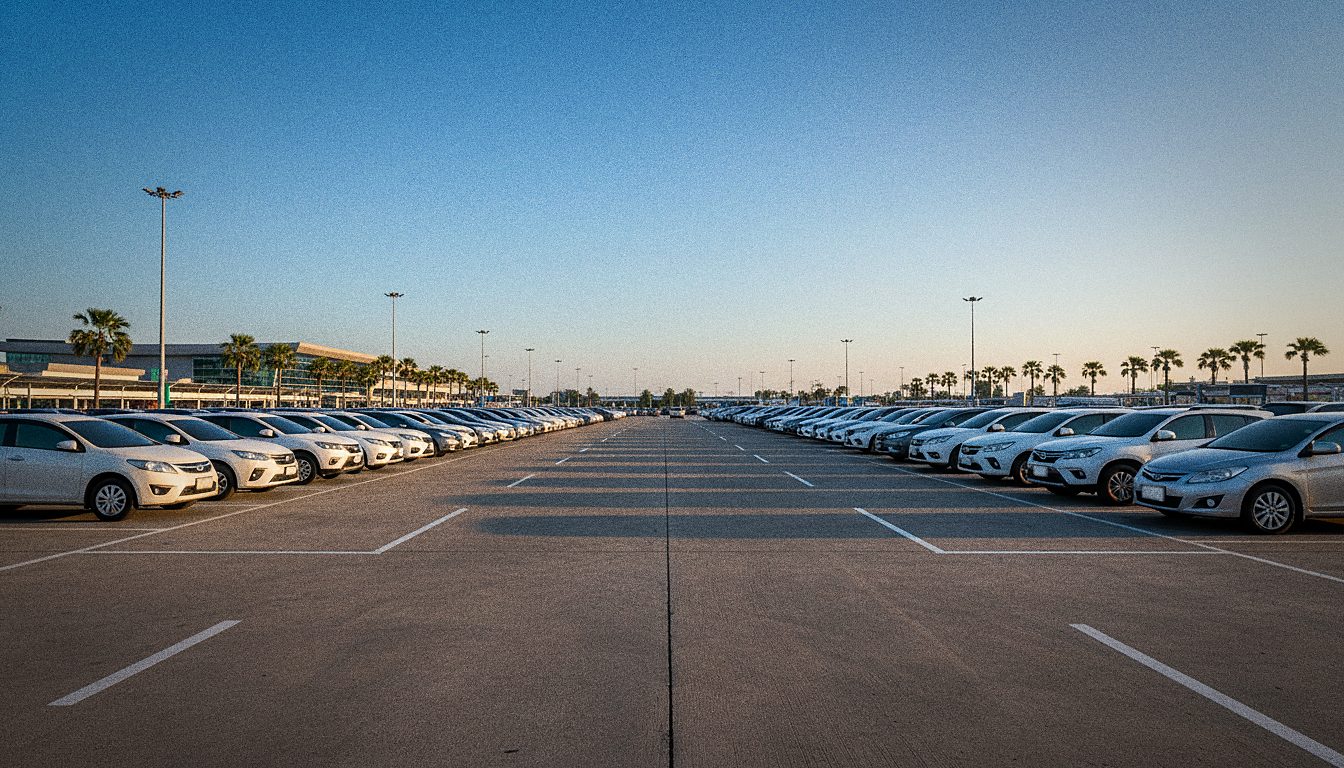 Premium rental car parked outside an airport terminal building