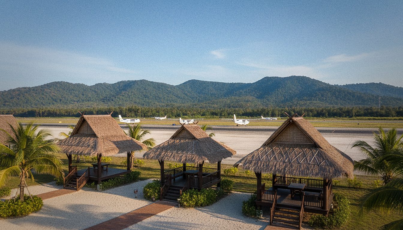 Passengers waiting under open thatched pavilions at Samui Airport